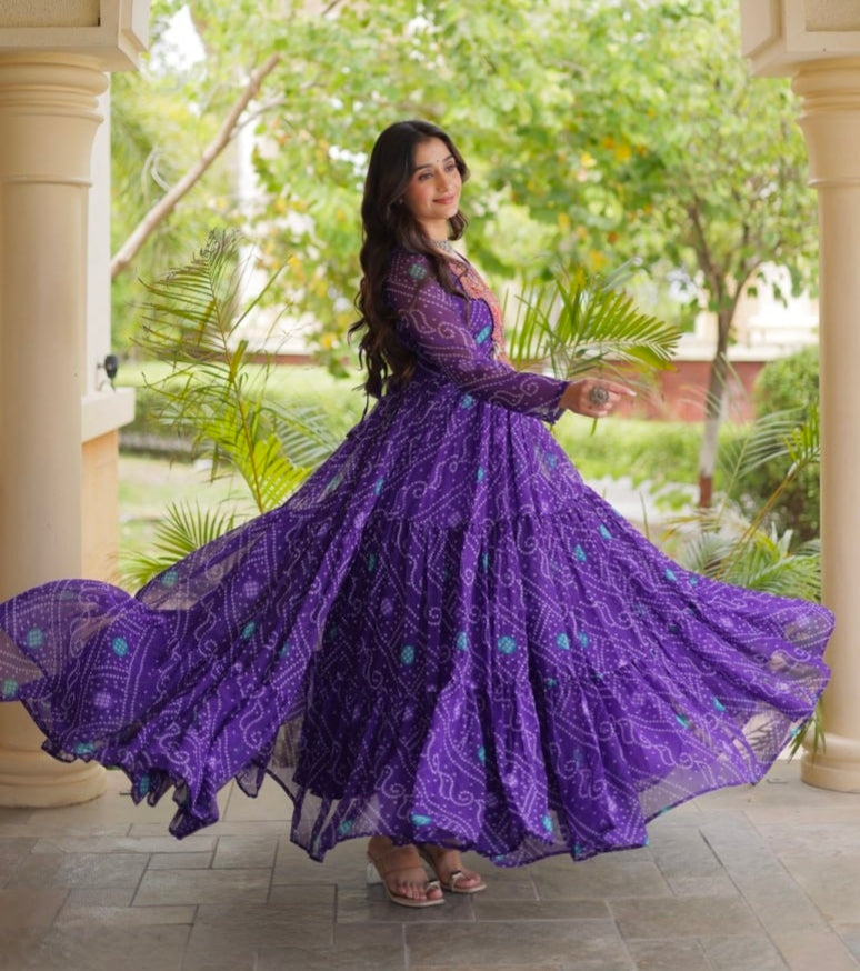Purple Pure Reyon Kutchi Gamthi Thread Embroidered &amp; Mirror Work Anarkali Long Gown