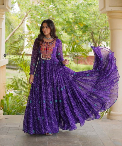 Purple Pure Reyon Kutchi Gamthi Thread Embroidered &amp; Mirror Work Anarkali Long Gown