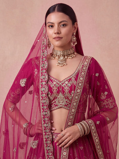 Pink Pure Premium Silk Heavy Beads &amp; Motif Dori Embroidery Zari Sequins Hand Work Bridal Lehenga Choli
