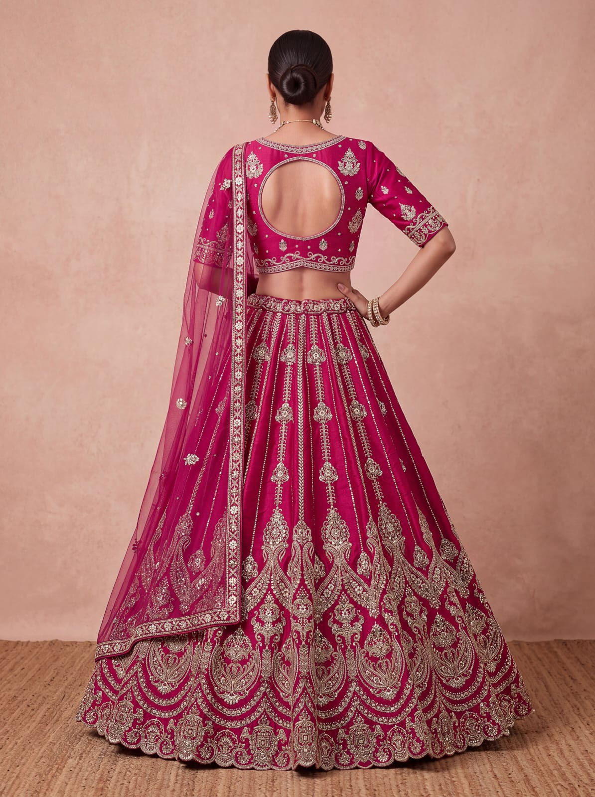Pink Pure Premium Silk Heavy Beads &amp; Motif Dori Embroidery Zari Sequins Hand Work Bridal Lehenga Choli
