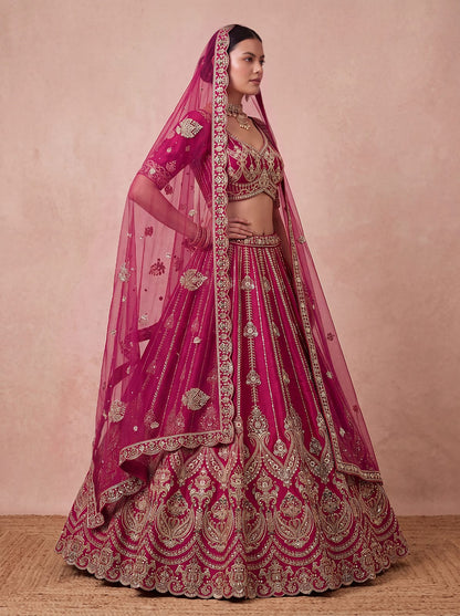 Pink Pure Premium Silk Heavy Beads &amp; Motif Dori Embroidery Zari Sequins Hand Work Bridal Lehenga Choli