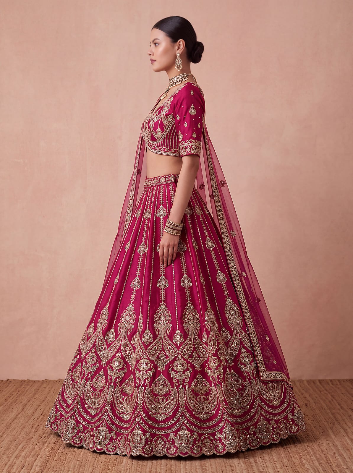 Pink Pure Premium Silk Heavy Beads &amp; Motif Dori Embroidery Zari Sequins Hand Work Bridal Lehenga Choli