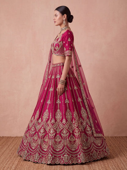 Pink Pure Premium Silk Heavy Beads &amp; Motif Dori Embroidery Zari Sequins Hand Work Bridal Lehenga Choli