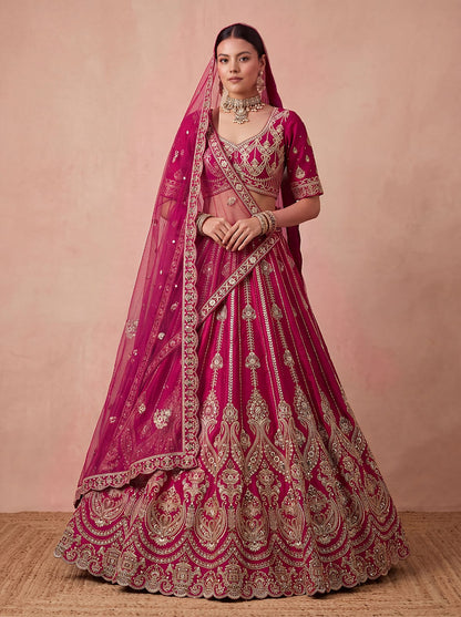 Pink Pure Premium Silk Heavy Beads &amp; Motif Dori Embroidery Zari Sequins Hand Work Bridal Lehenga Choli