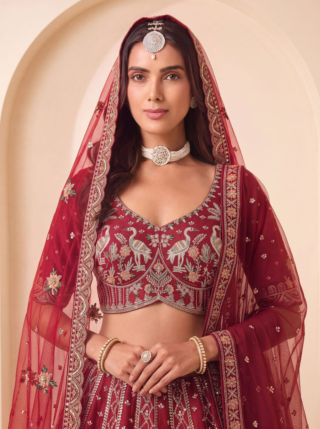 Red Pure Premium Silk Heavy Beads &amp; Motif Dori Embroidery Zari Sequins Hand Work Bridal Lehenga Choli