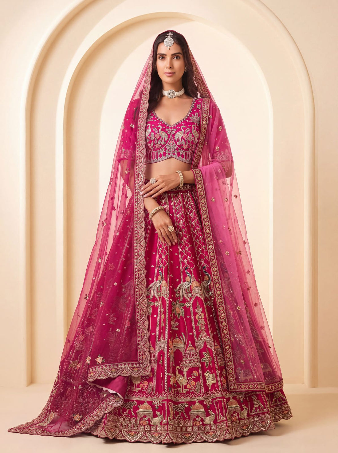 Pink Pure Premium Silk Heavy Beads &amp; Motif Dori Embroidery Zari Sequins Hand Work Bridal Lehenga Choli