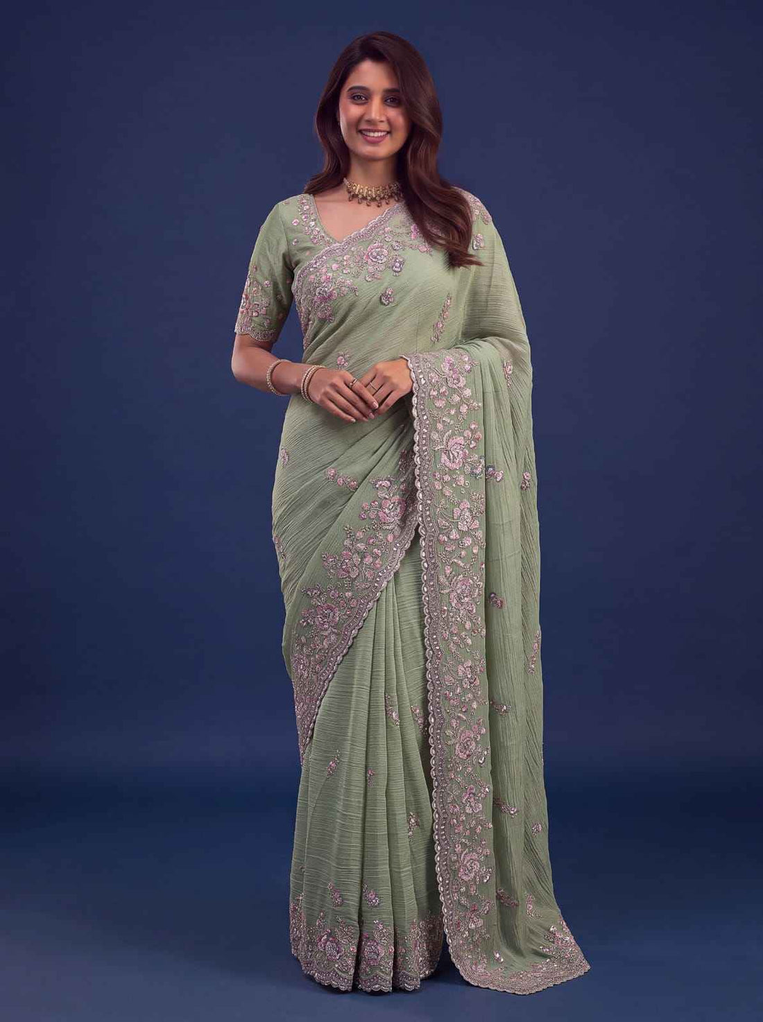 Green Pure Premium Bamburg Handwork Kasti &amp; Multi Color Embroidery Sequins Work Wedding Saree