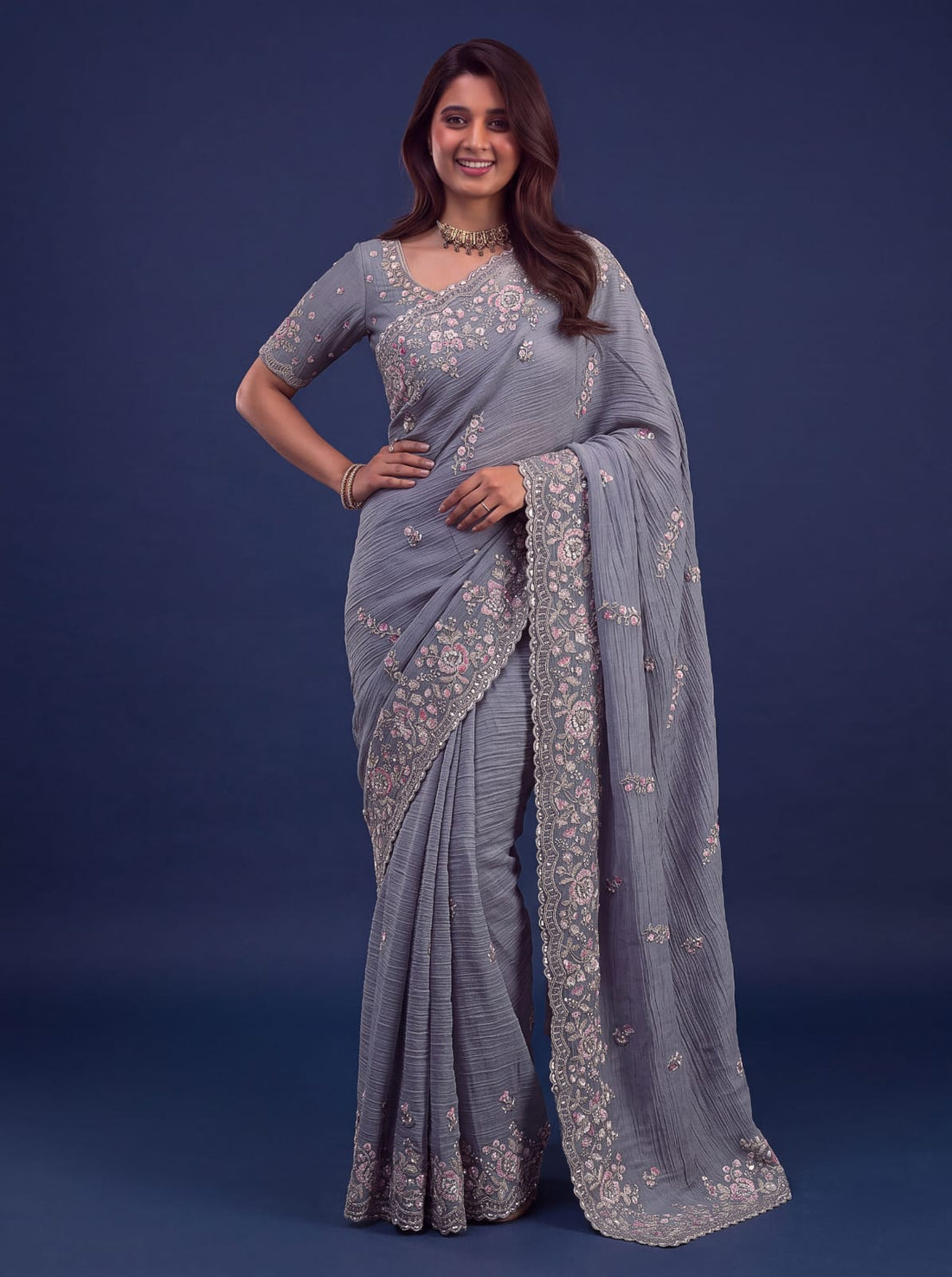 Grey Pure Premium Bamburg Handwork Kasti &amp; Multi Color Embroidery Sequins Work Wedding Saree