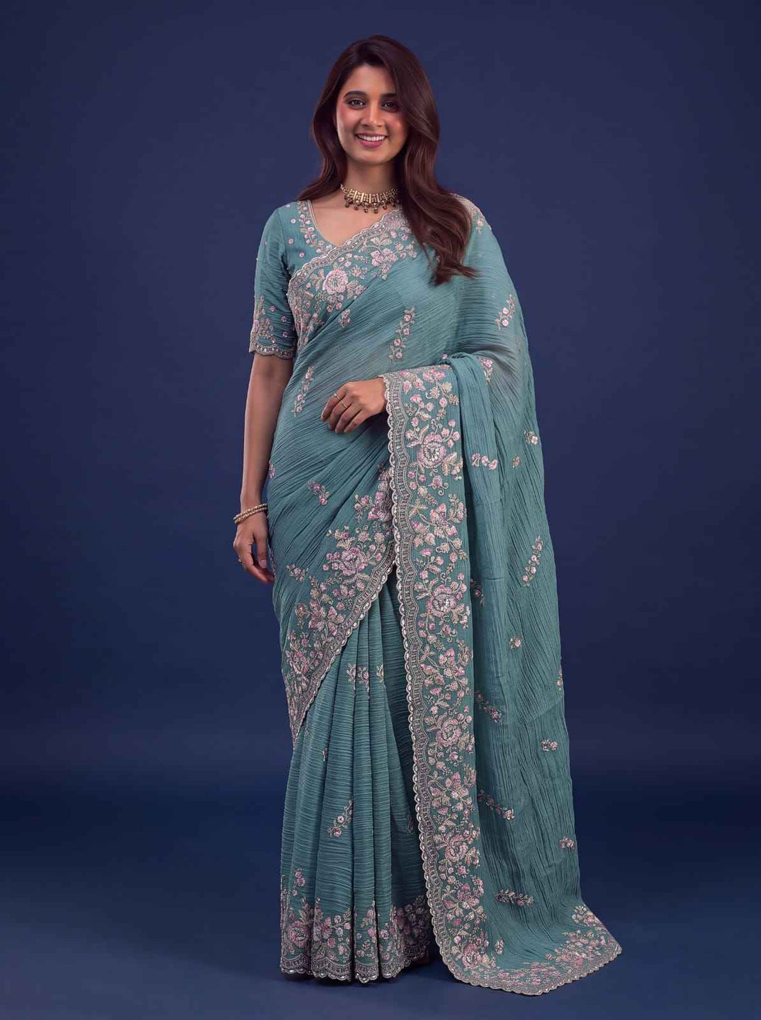 Sea Green Pure Premium Bamburg Handwork Kasti &amp; Multi Color Embroidery Sequins Work Wedding Saree