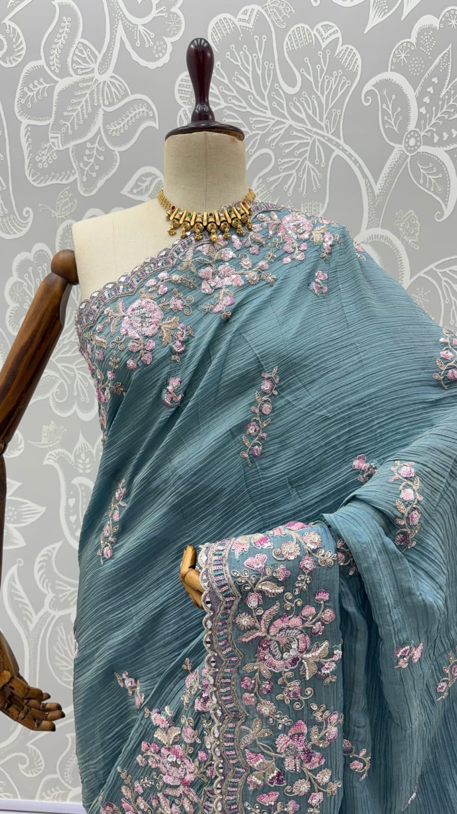 Sea Green Pure Premium Bamburg Handwork Kasti &amp; Multi Color Embroidery Sequins Work Wedding Saree