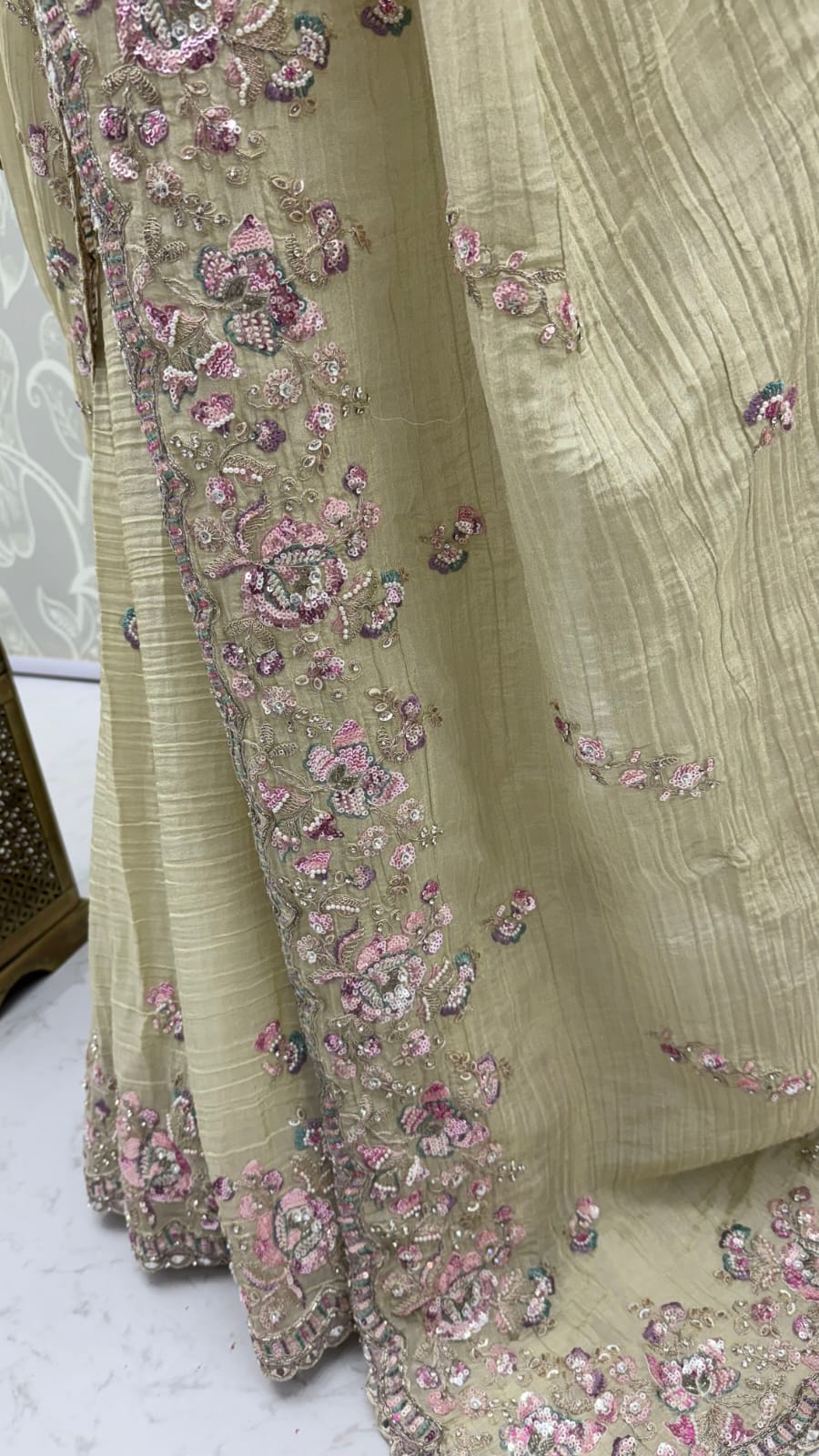 Cream Pure Premium Bamburg Handwork Kasti &amp; Multi Color Embroidery Sequins Work Wedding Saree