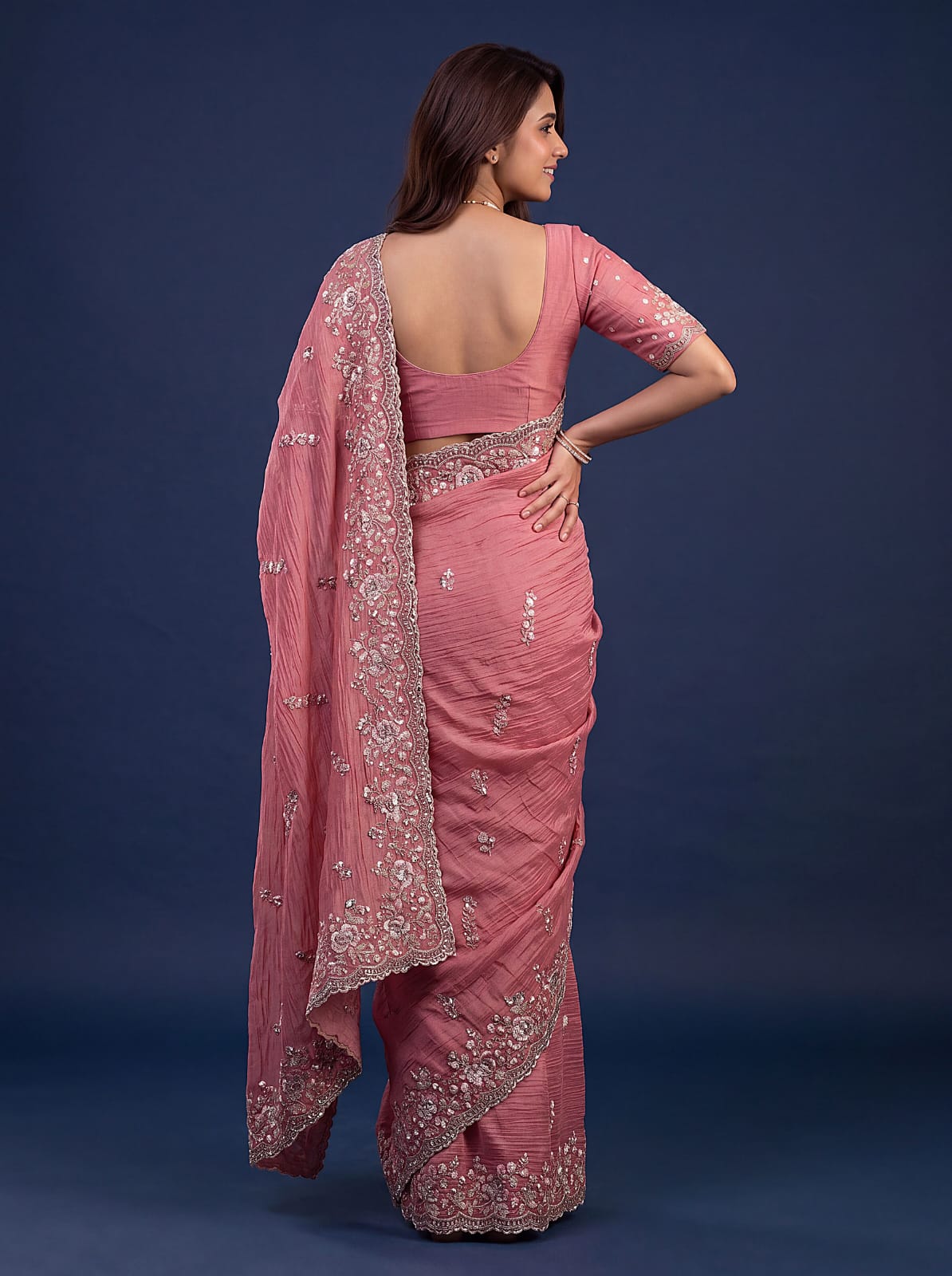Rose Pink Pure Premium Bamburg Handwork Kasti &amp; Multi Color Embroidery Sequins Work Wedding Saree