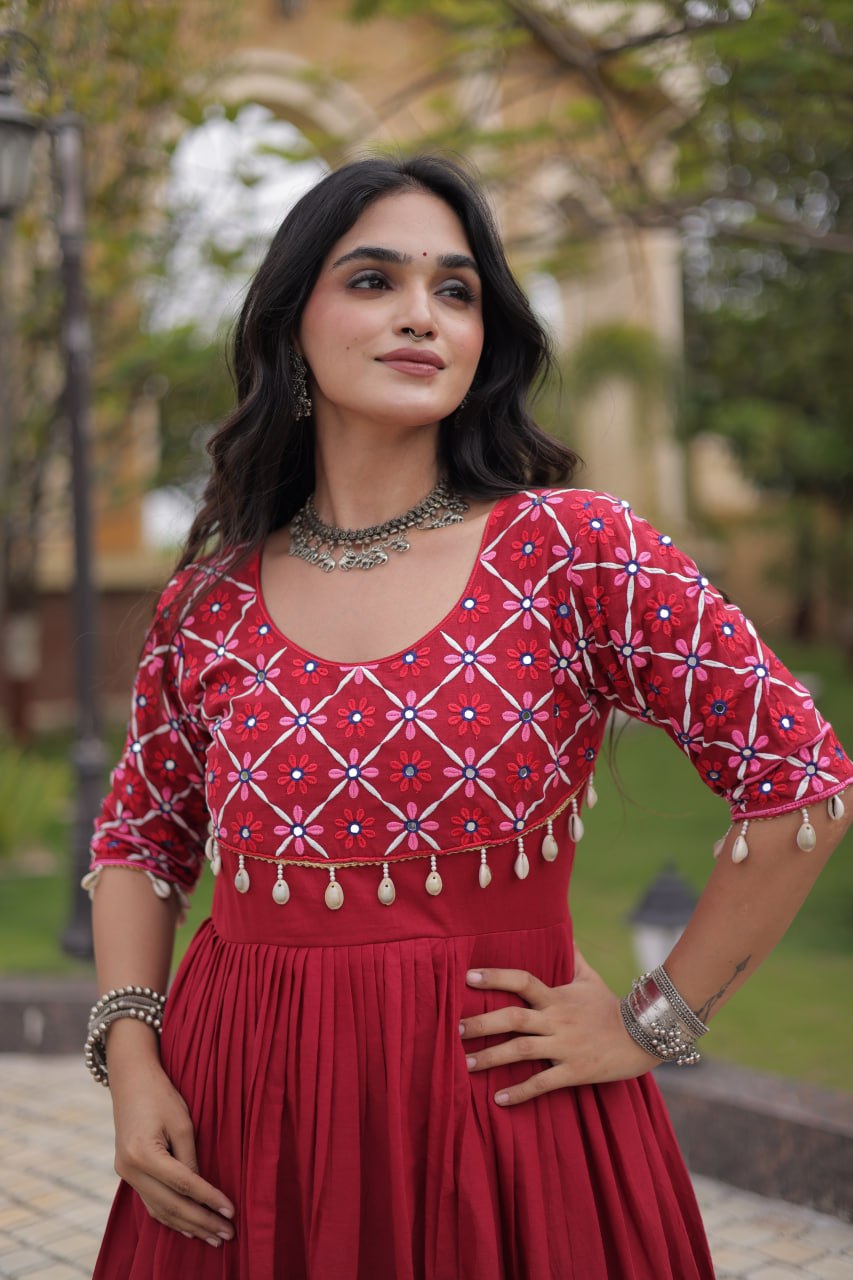 Maroon Pure Kora Cotton Multi Thread Embroidery Real Mirror Work Anarkali Long Gown