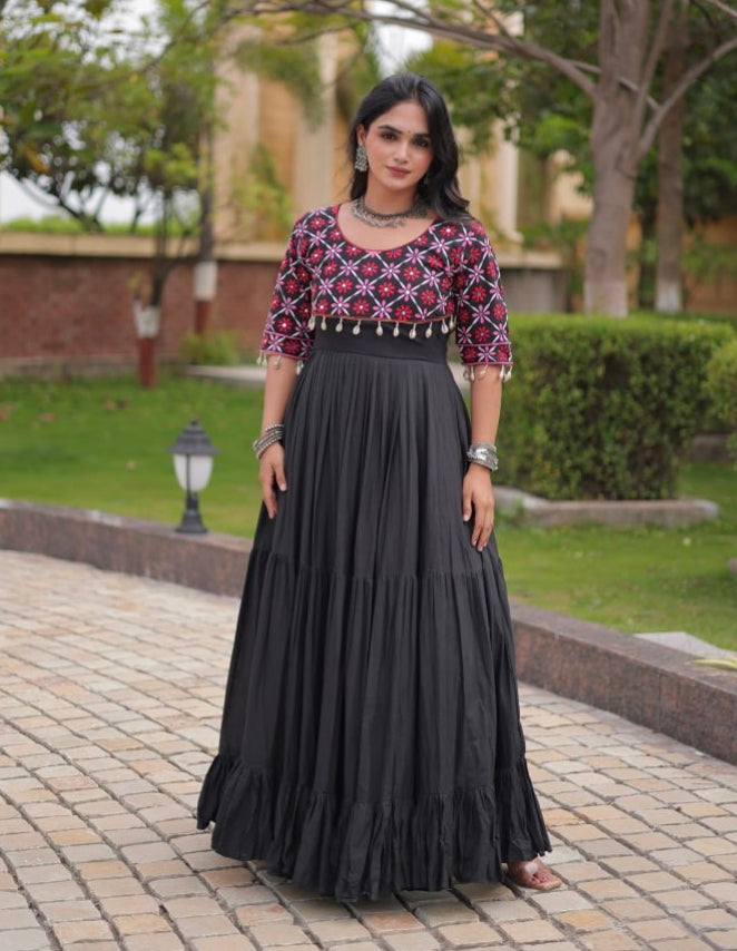 Black Pure Kora Cotton Multi Thread Embroidery Real Mirror Work Anarkali Long Gown