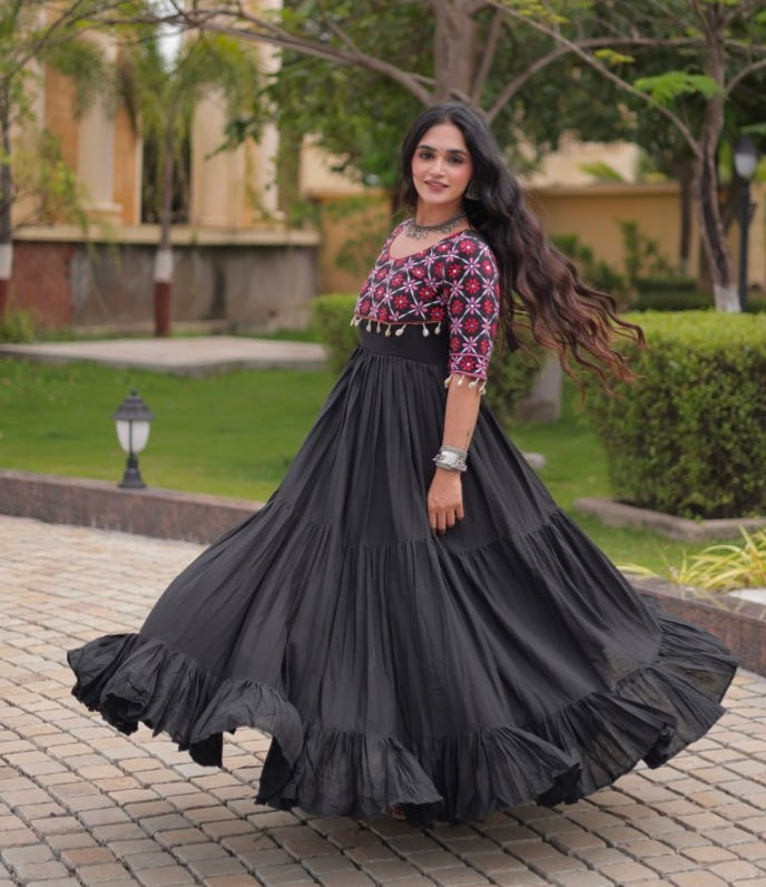 Black Pure Kora Cotton Multi Thread Embroidery Real Mirror Work Anarkali Long Gown