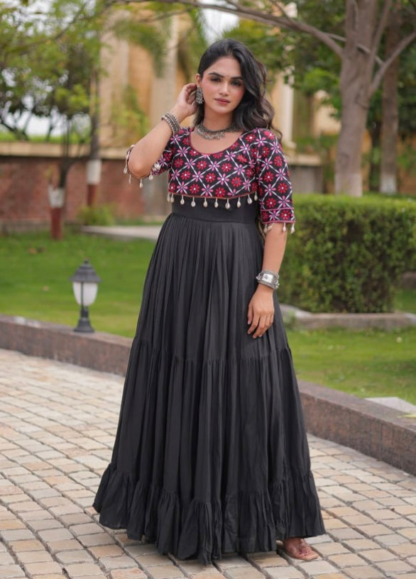 Black Pure Kora Cotton Multi Thread Embroidery Real Mirror Work Anarkali Long Gown