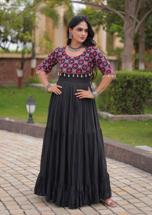 Black Pure Kora Cotton Multi Thread Embroidery Real Mirror Work Anarkali Long Gown