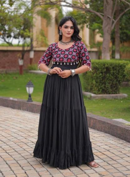 Black Pure Kora Cotton Multi Thread Embroidery Real Mirror Work Anarkali Long Gown