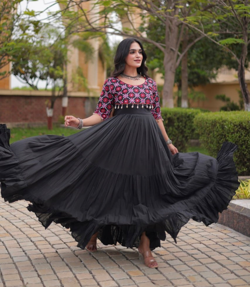 Black Pure Kora Cotton Multi Thread Embroidery Real Mirror Work Anarkali Long Gown