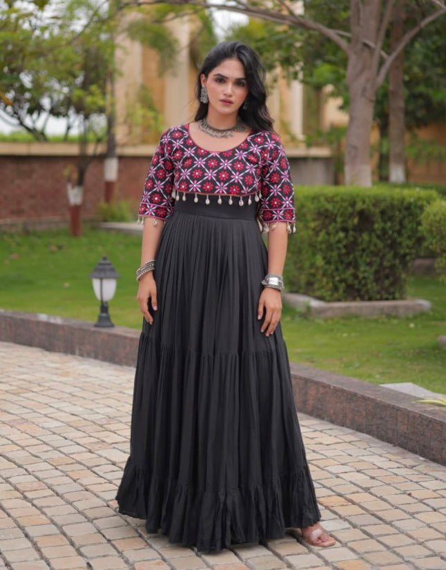 Black Pure Kora Cotton Multi Thread Embroidery Real Mirror Work Anarkali Long Gown