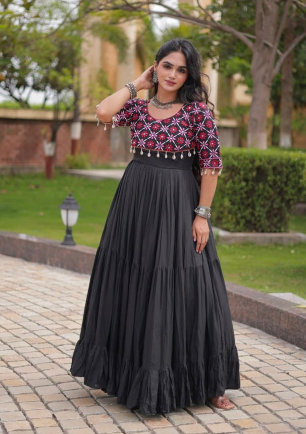Black Pure Kora Cotton Multi Thread Embroidery Real Mirror Work Anarkali Long Gown