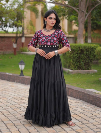 Black Pure Kora Cotton Multi Thread Embroidery Real Mirror Work Anarkali Long Gown