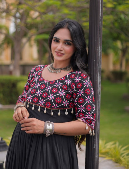 Black Pure Kora Cotton Multi Thread Embroidery Real Mirror Work Anarkali Long Gown