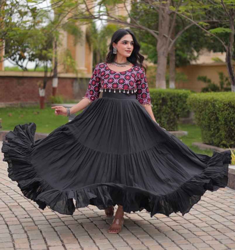 Black Pure Kora Cotton Multi Thread Embroidery Real Mirror Work Anarkali Long Gown