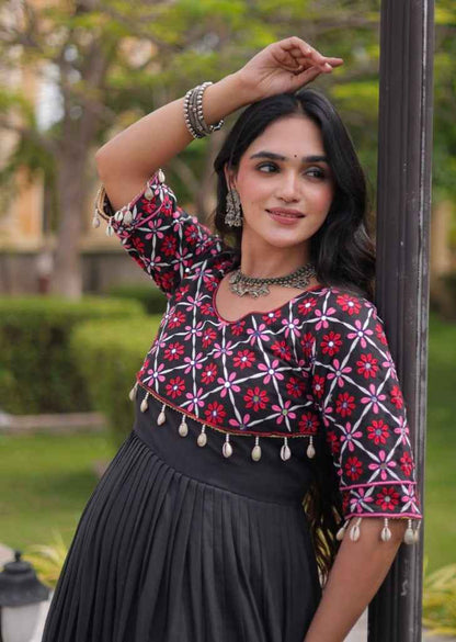 Black Pure Kora Cotton Multi Thread Embroidery Real Mirror Work Anarkali Long Gown