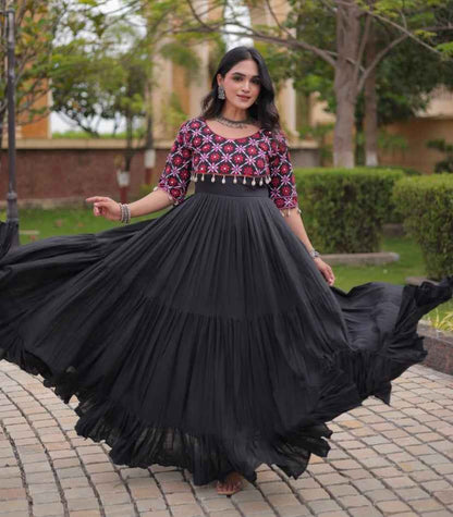 Black Pure Kora Cotton Multi Thread Embroidery Real Mirror Work Anarkali Long Gown