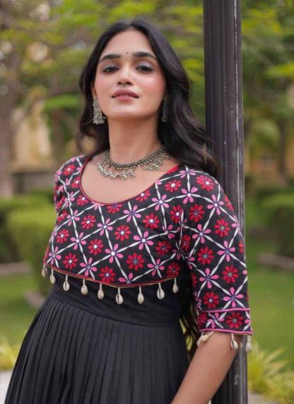 Black Pure Kora Cotton Multi Thread Embroidery Real Mirror Work Anarkali Long Gown