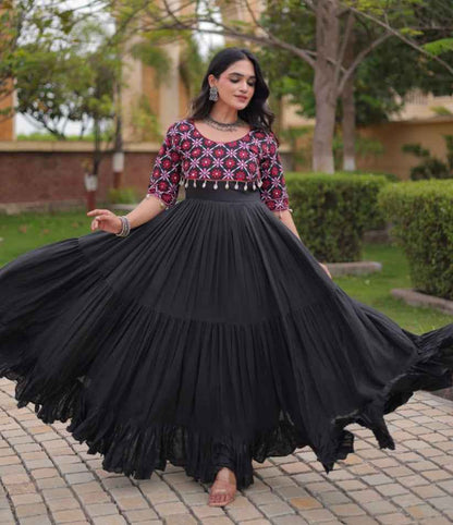 Black Pure Kora Cotton Multi Thread Embroidery Real Mirror Work Anarkali Long Gown