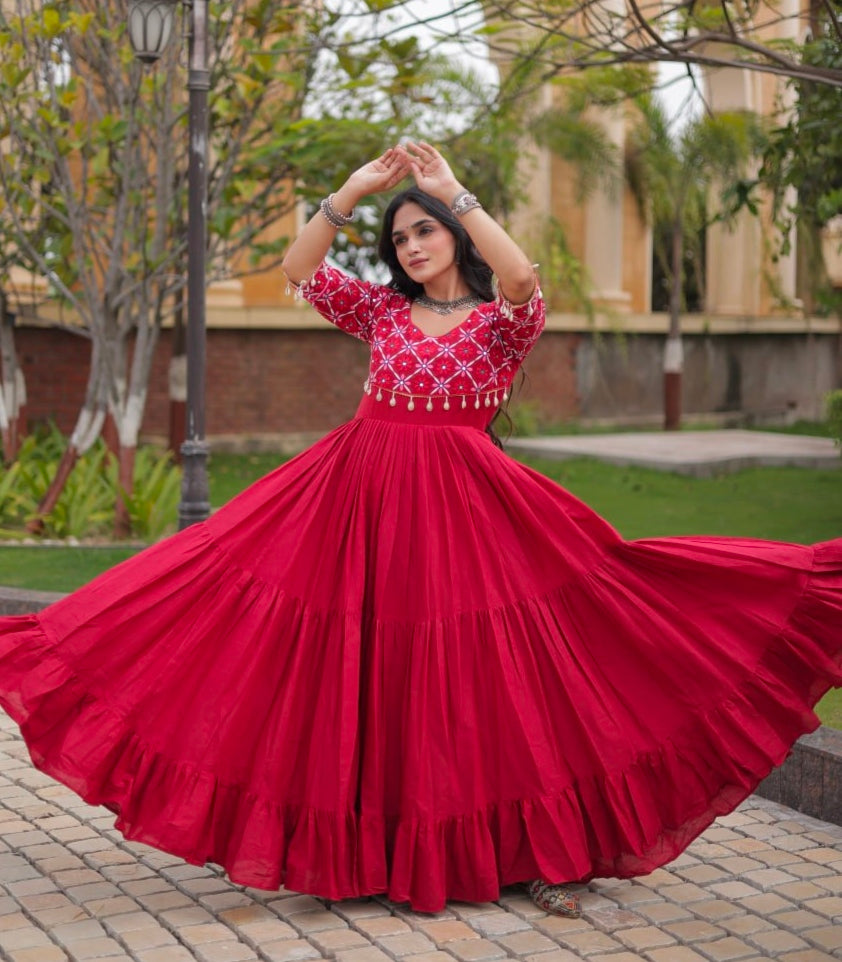 Maroon Pure Kora Cotton Multi Thread Embroidery Real Mirror Work Anarkali Long Gown