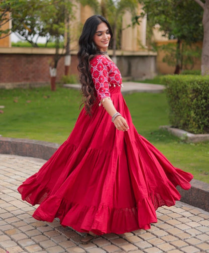 Maroon Pure Kora Cotton Multi Thread Embroidery Real Mirror Work Anarkali Long Gown