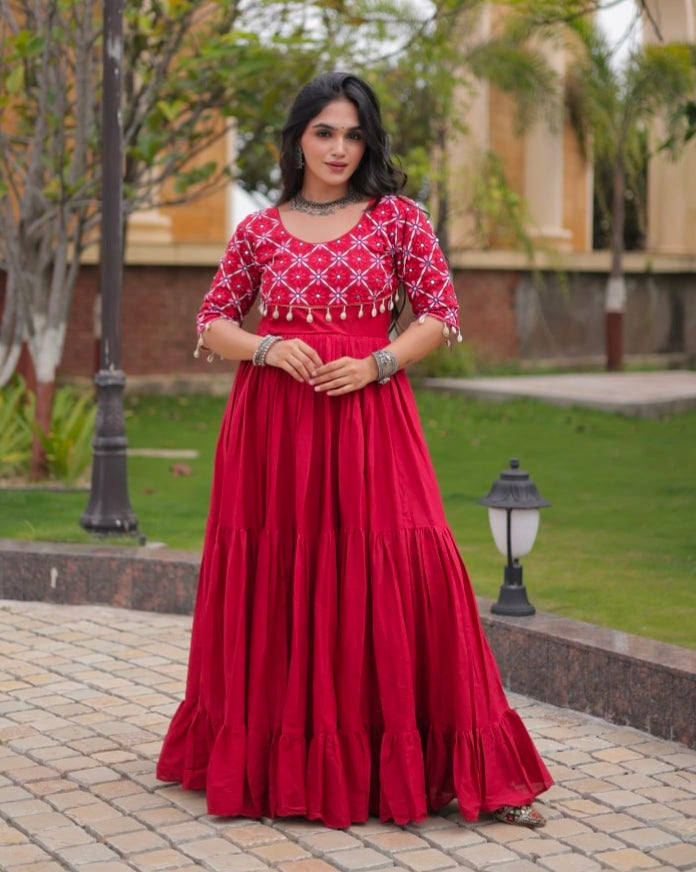 Maroon Pure Kora Cotton Multi Thread Embroidery Real Mirror Work Anarkali Long Gown