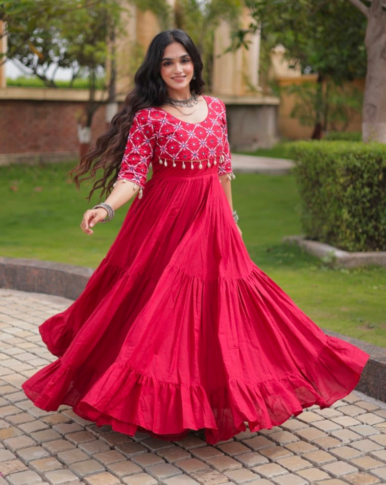 Maroon Pure Kora Cotton Multi Thread Embroidery Real Mirror Work Anarkali Long Gown