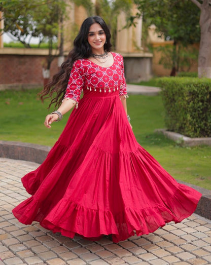 Maroon Pure Kora Cotton Multi Thread Embroidery Real Mirror Work Anarkali Long Gown