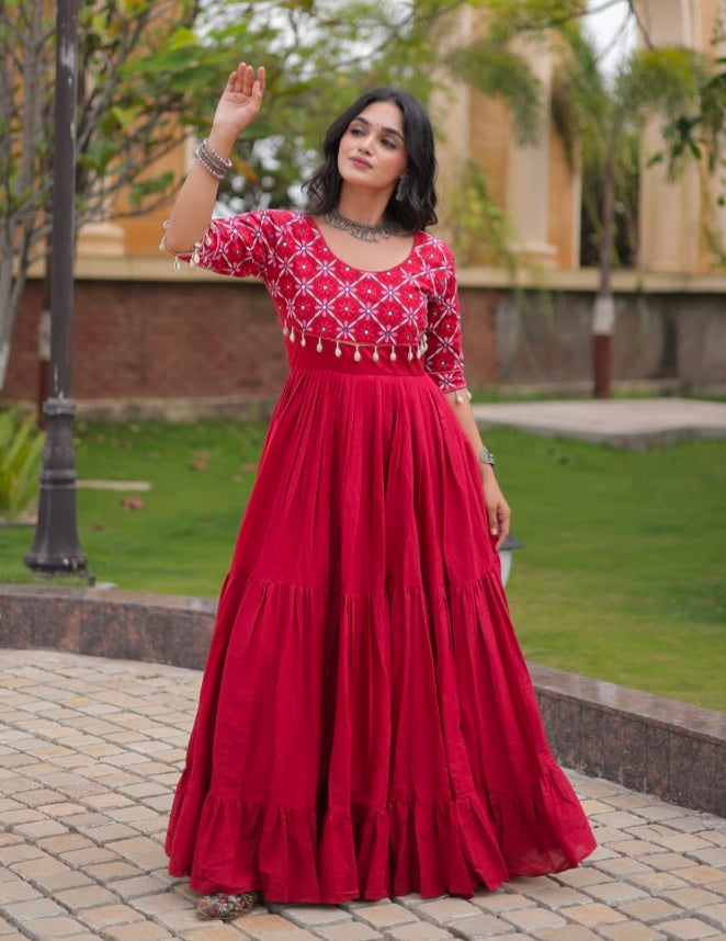 Maroon Pure Kora Cotton Multi Thread Embroidery Real Mirror Work Anarkali Long Gown