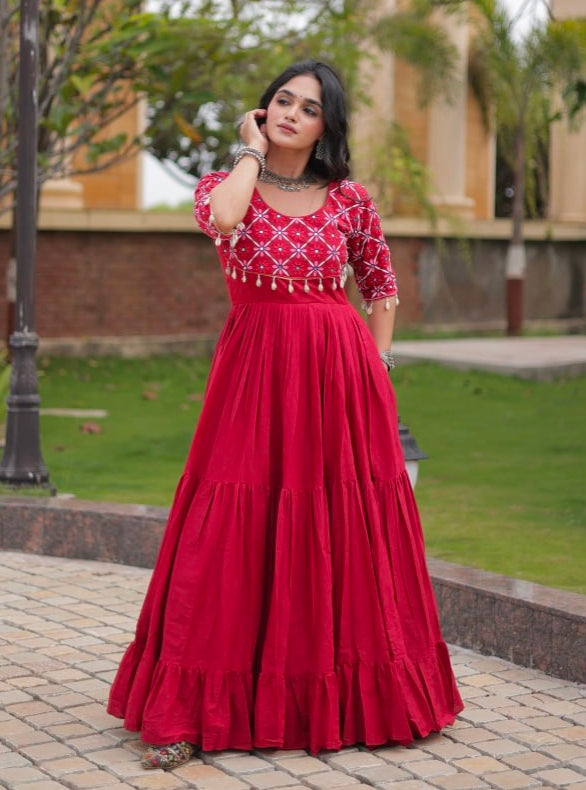 Maroon Pure Kora Cotton Multi Thread Embroidery Real Mirror Work Anarkali Long Gown