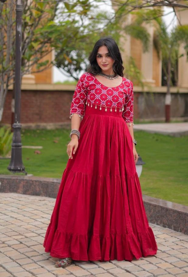 Maroon Pure Kora Cotton Multi Thread Embroidery Real Mirror Work Anarkali Long Gown