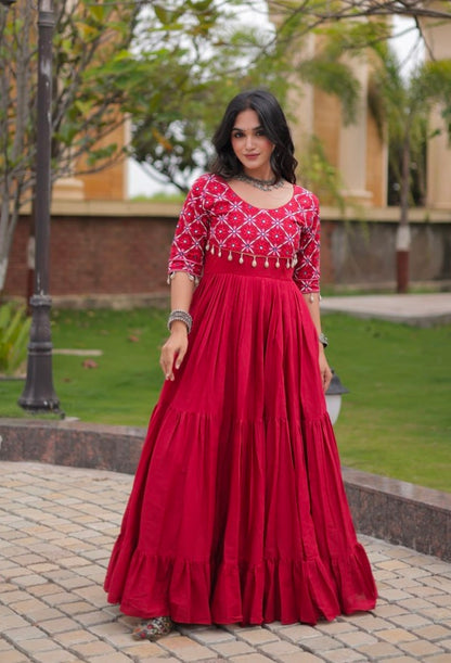 Maroon Pure Kora Cotton Multi Thread Embroidery Real Mirror Work Anarkali Long Gown