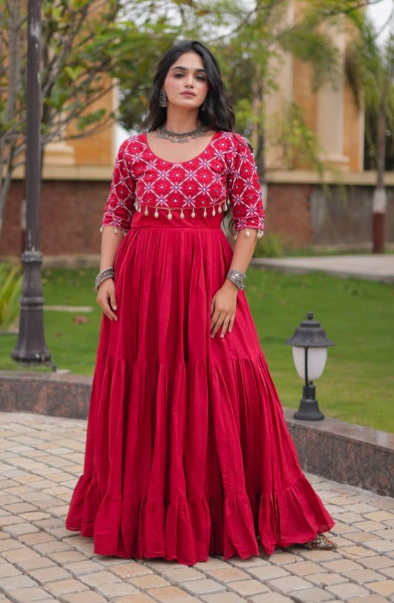 Maroon Pure Kora Cotton Multi Thread Embroidery Real Mirror Work Anarkali Long Gown