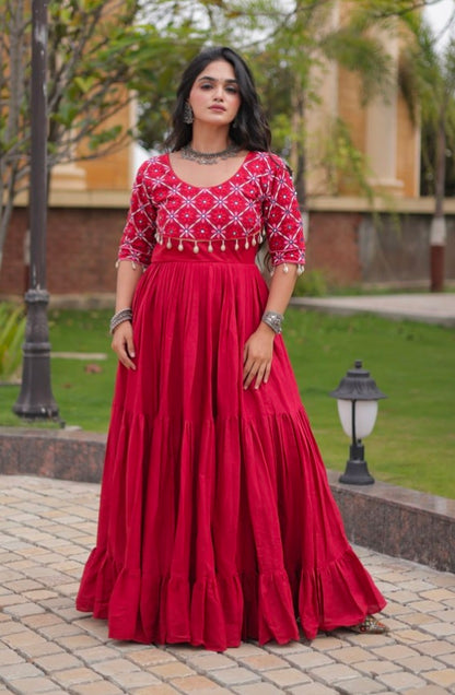 Maroon Pure Kora Cotton Multi Thread Embroidery Real Mirror Work Anarkali Long Gown