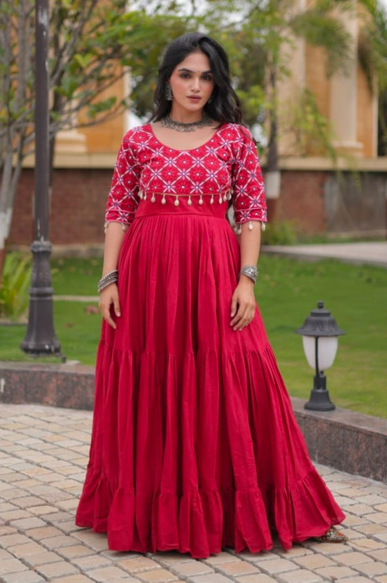 Maroon Pure Kora Cotton Multi Thread Embroidery Real Mirror Work Anarkali Long Gown