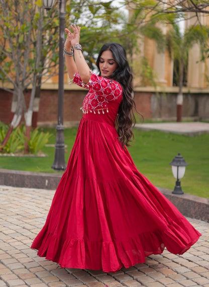 Maroon Pure Kora Cotton Multi Thread Embroidery Real Mirror Work Anarkali Long Gown