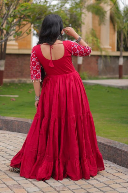 Maroon Pure Kora Cotton Multi Thread Embroidery Real Mirror Work Anarkali Long Gown