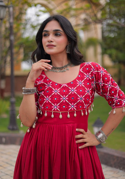 Maroon Pure Kora Cotton Multi Thread Embroidery Real Mirror Work Anarkali Long Gown