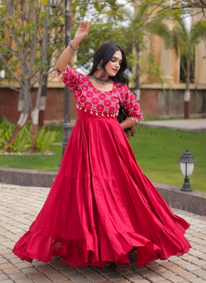 Maroon Pure Kora Cotton Multi Thread Embroidery Real Mirror Work Anarkali Long Gown