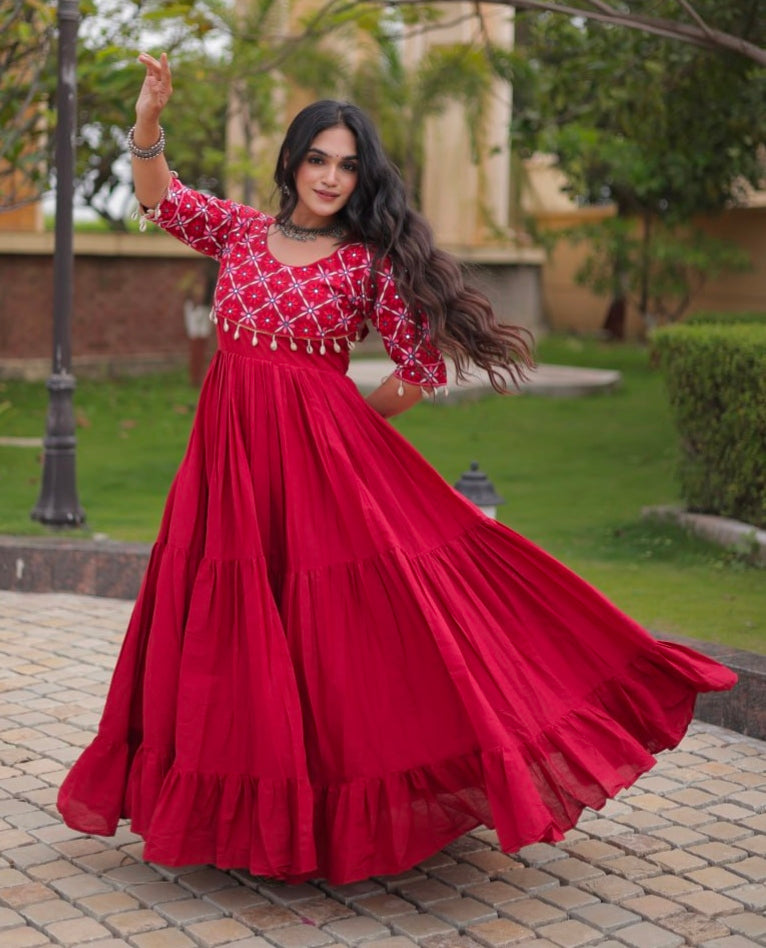 Maroon Pure Kora Cotton Multi Thread Embroidery Real Mirror Work Anarkali Long Gown