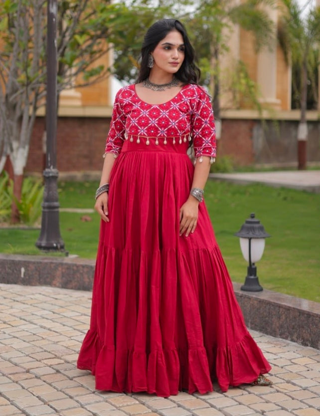 Maroon Pure Kora Cotton Multi Thread Embroidery Real Mirror Work Anarkali Long Gown